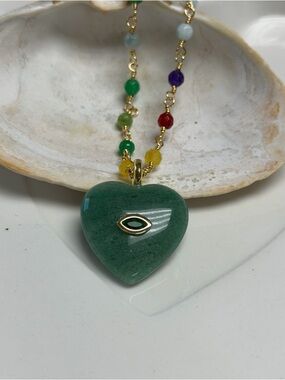Green Heart Pendant Necklace with Multicolor Bead Chain